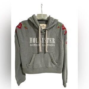 Hollister Gray Hoodie with Red Floral embroidered Accents